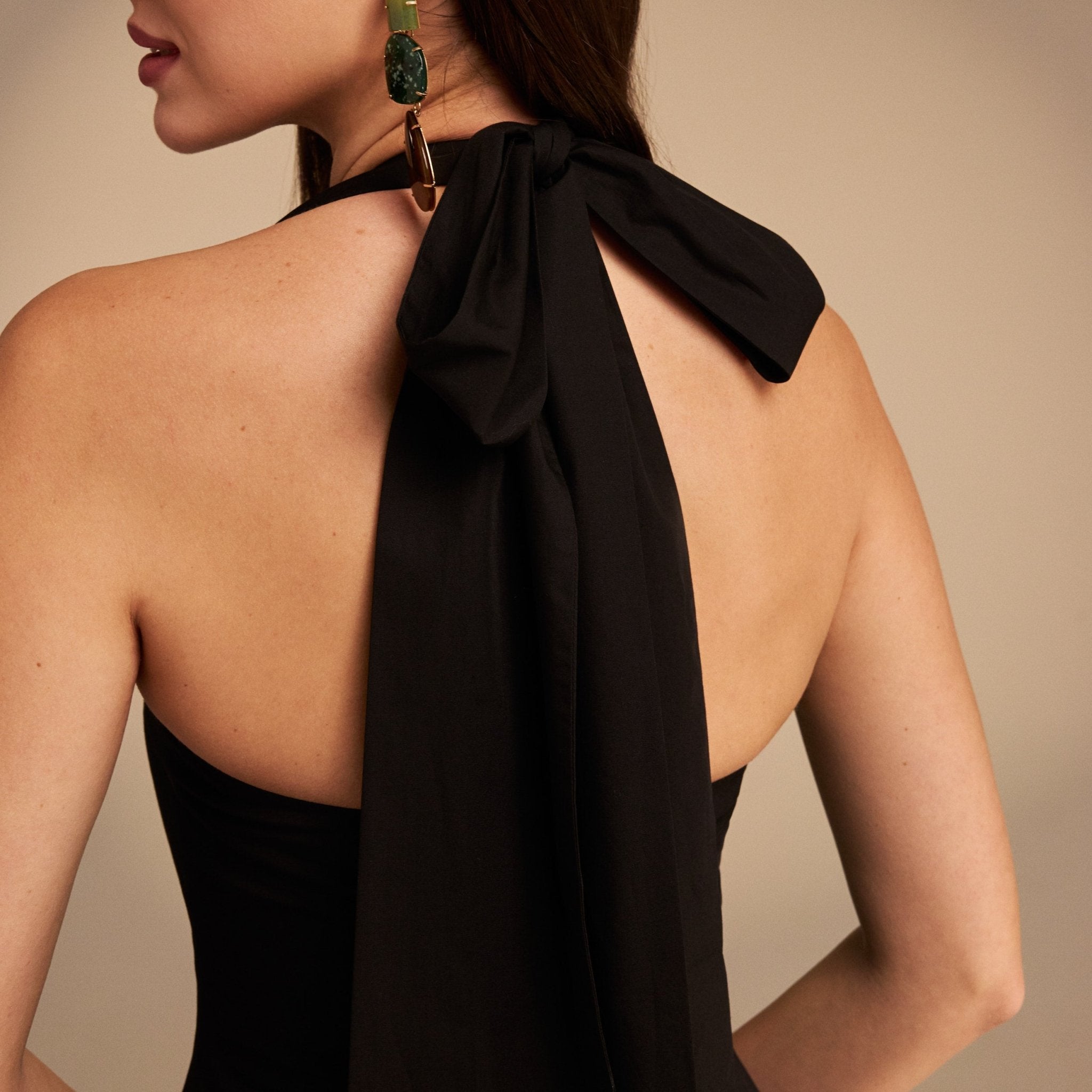tie halter dress Elegant Halter Black Satin Maxi Dress Open Back Tie-Up main image 1