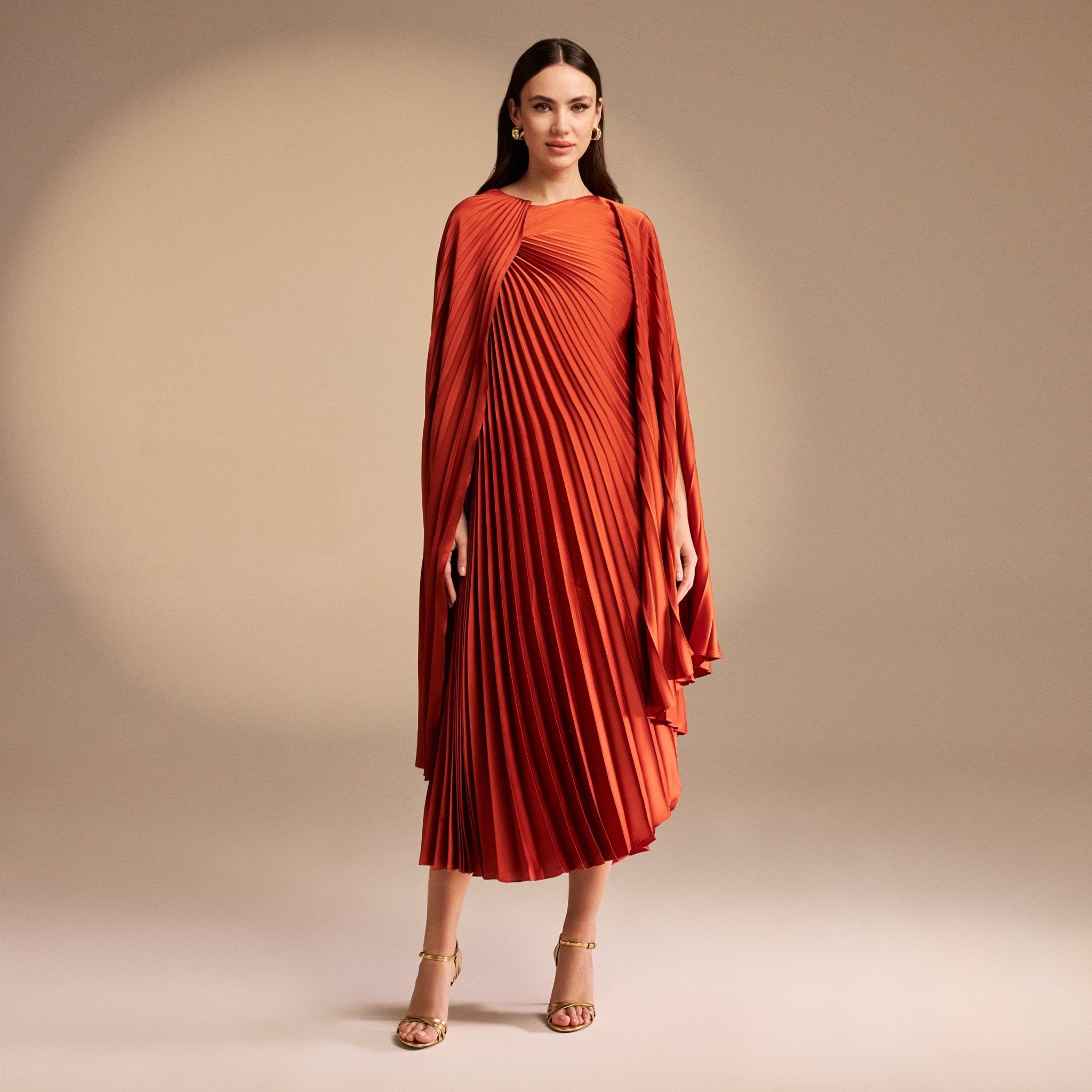 Cape Pleated Satin Midi Dress