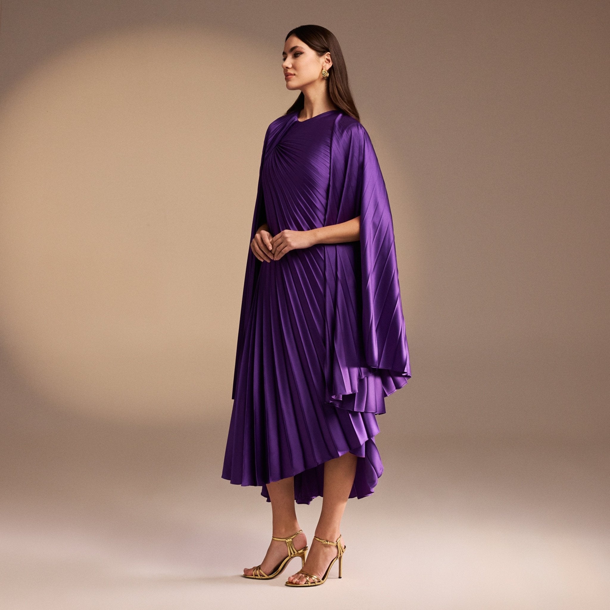 Cape Pleated Satin Midi Dress