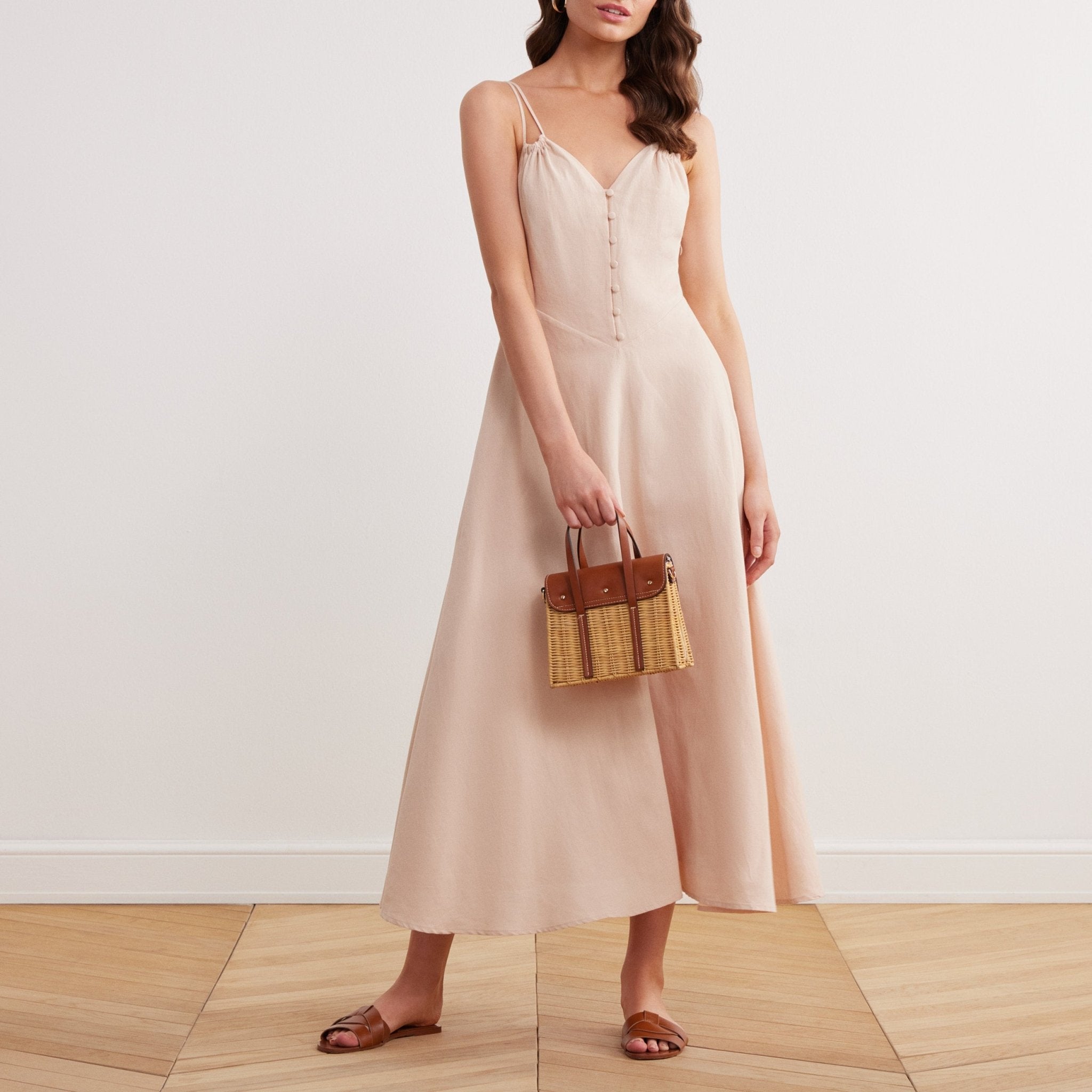 Sleeveless V-neck Fitted Waist Cotton Blended Midi Dress